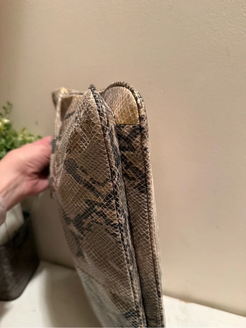 DKNY Metallic Gold Snake-Print Shoulder Bag with Chain Straps